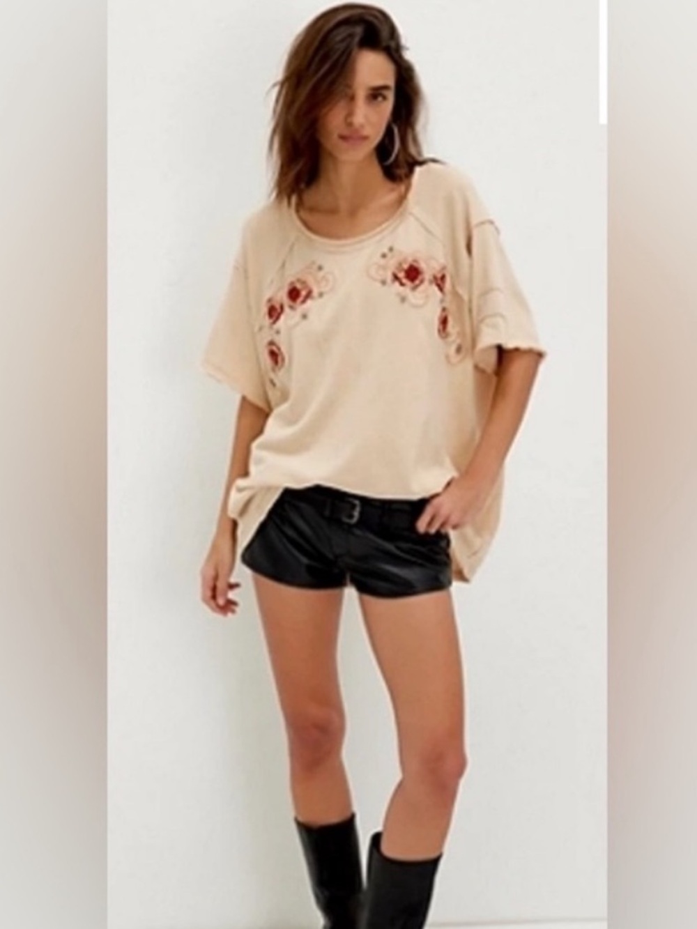 NWT FREE PEOPLE We The Free Harper Embroidered Parchment Multi Floral Tee M